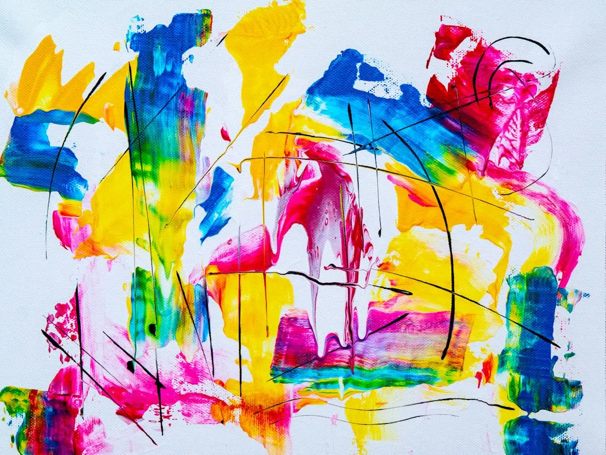 Bright expressive abstract painting with layered brushwork
