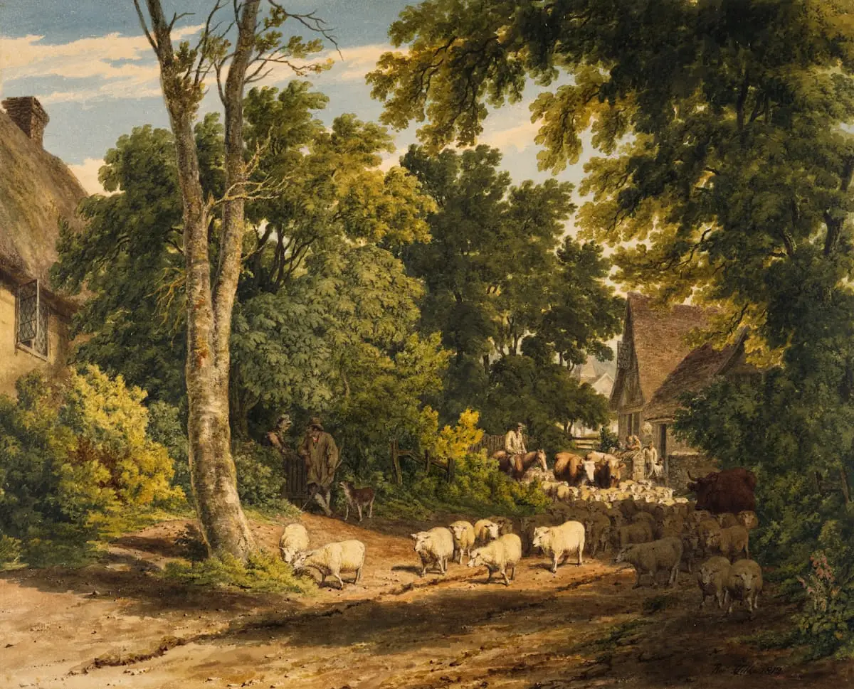 Woodland landscape painting with a country path