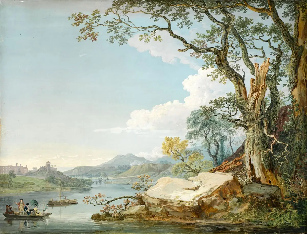 Traditional landscape painting with trees and water