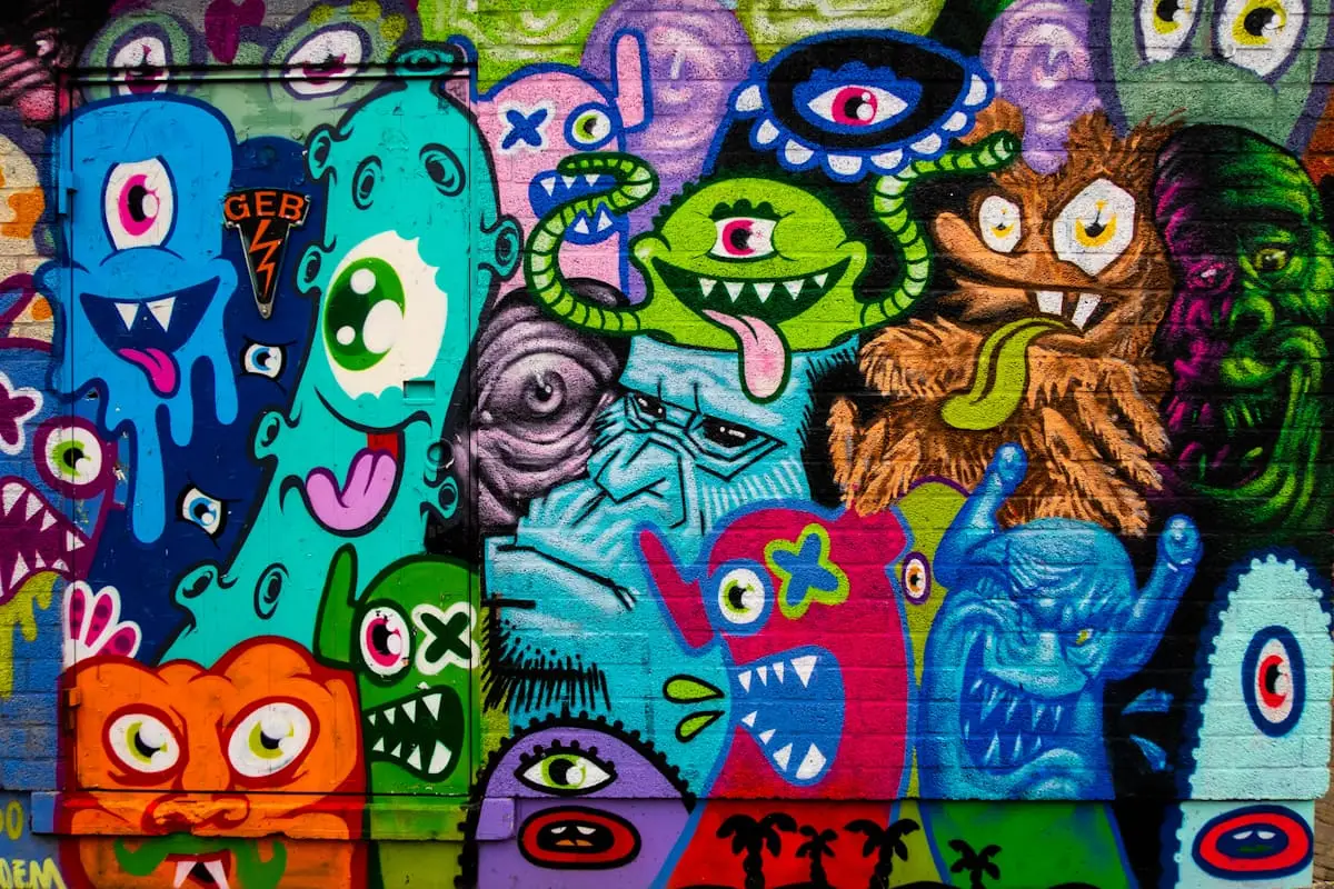 Vibrant street-art mural with illustrated characters