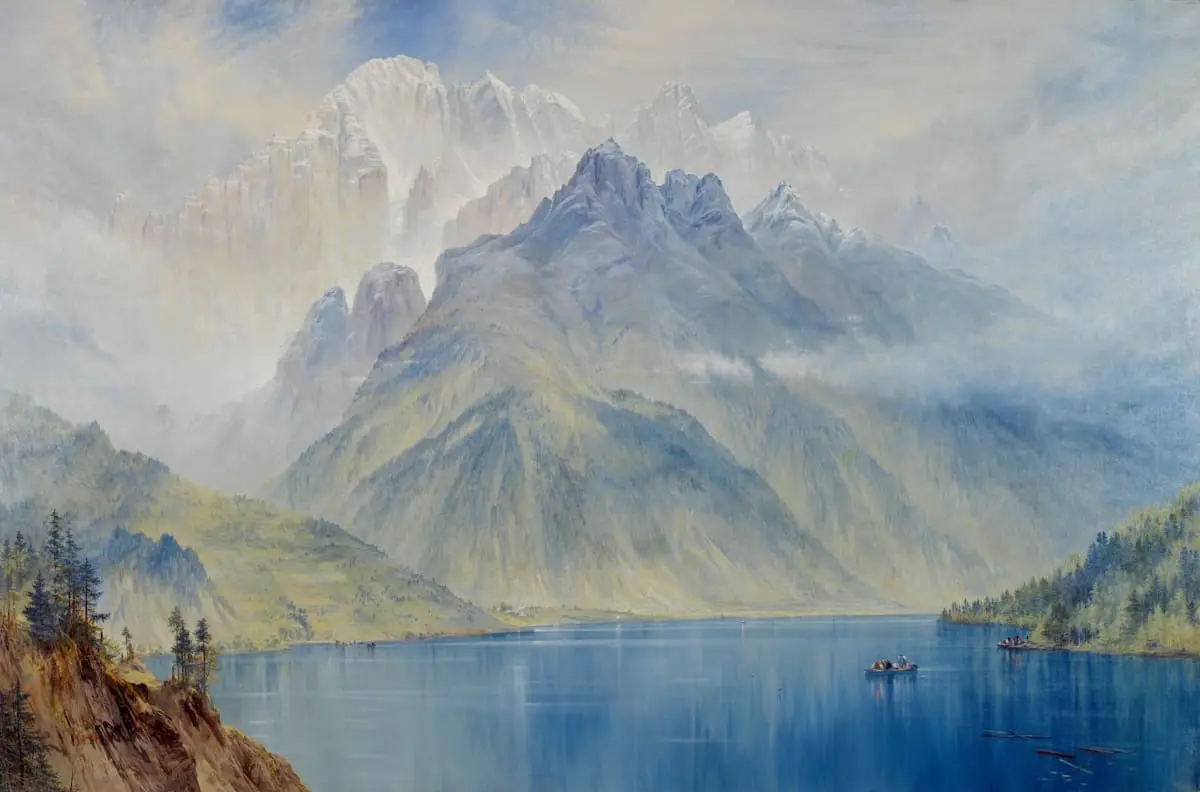 Watercolour mountain landscape beside a calm lake